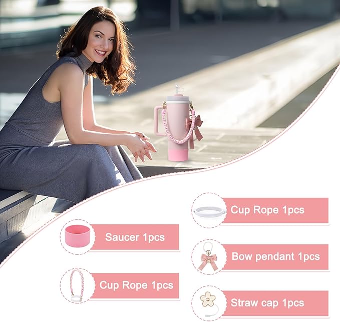 Stanley Cup Accessories Set- Water Bottle Handle Strap, Stanley Cup Protective Silicone Boot, Bow Design Stanley Charms for Stanley Cup 40oz /30 oz Tumbler (pink)