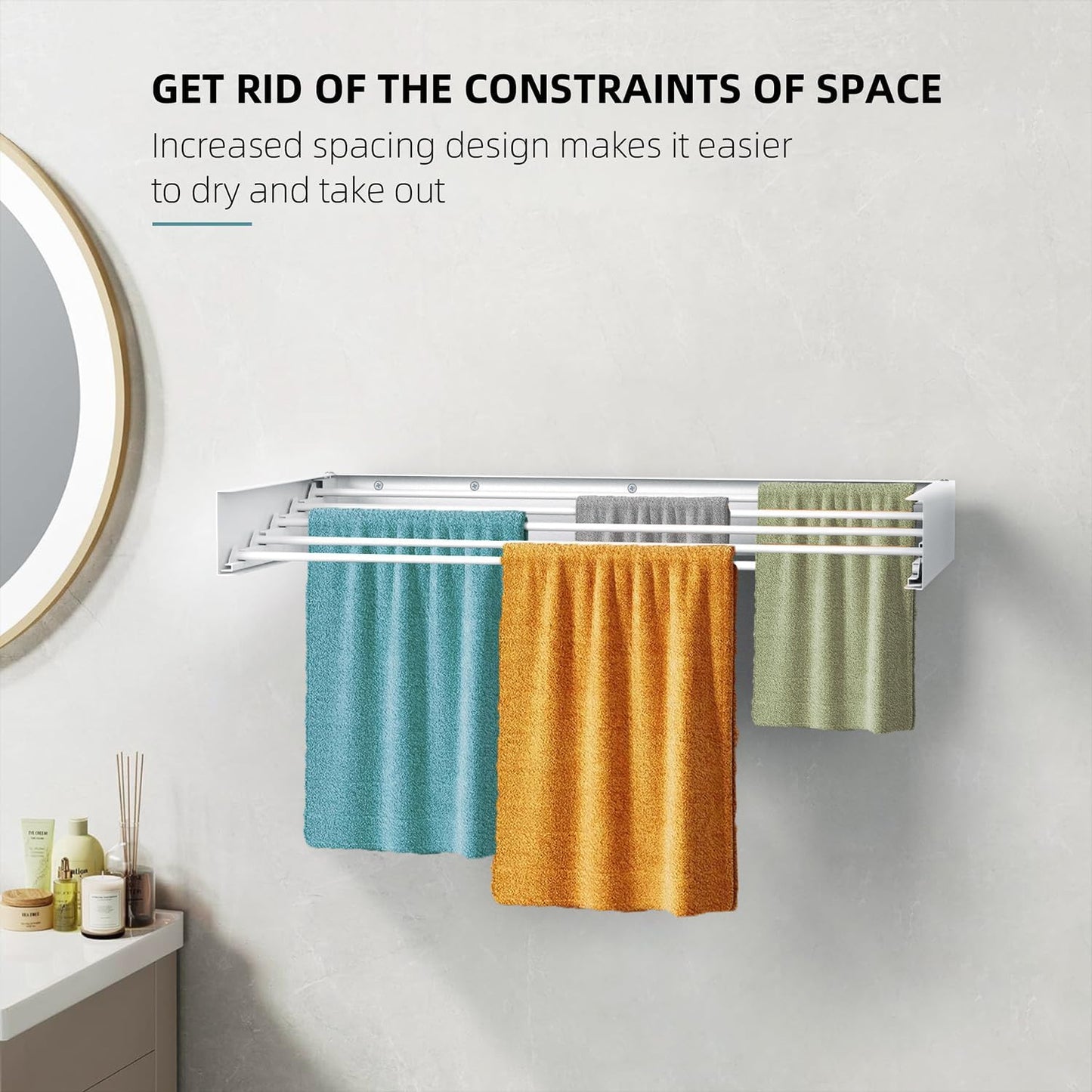 Laundry Drying Rack Collapsible, Wall Mounted Clothes Drying Rack, Space Saving Drying Rack for Laundry, 40" Wide, 16.5 Linear Ft, 5 Aluminum Rods, 60 lb Capacity (White 40")