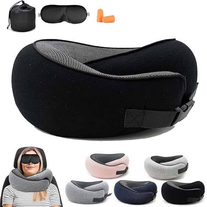 2024 Memory Foam Neck Pillow 360 Degree Neck Support Travel Pillows for Airplanes and Long Flight Travel Neck Pillow (Black-with Strap)