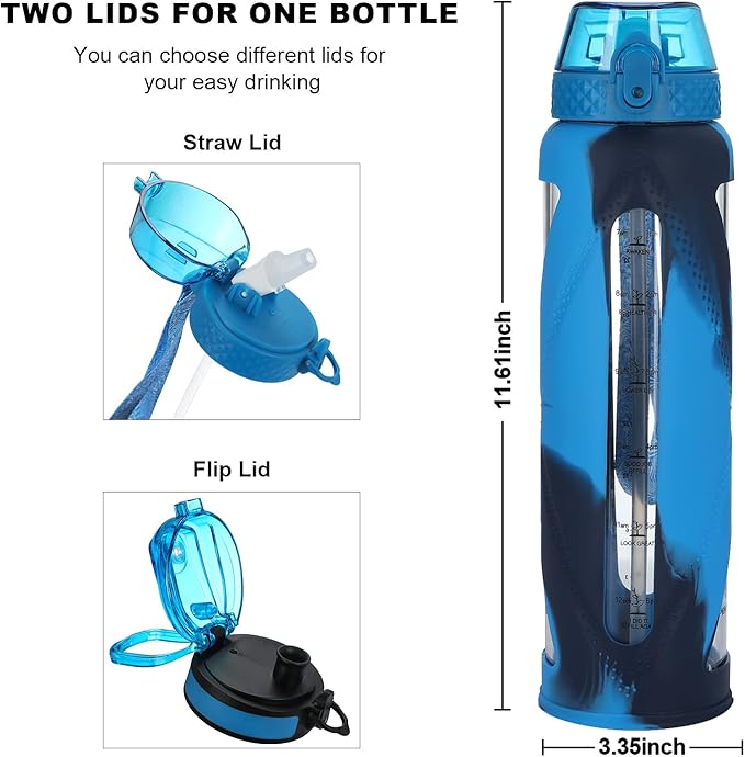 GOPPUS Glass Water Bottles with Straw and Flip Lid, Motivational Water Bottles with Time Marker Reminder and Silicone Sleeve, Leakproof, BPA Free (32 oz, Blue Mixed)