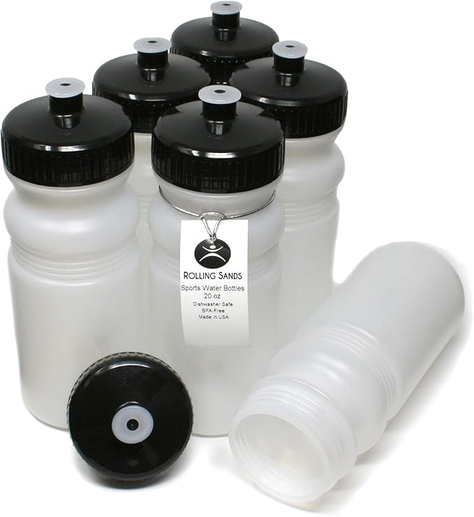 Rolling Sands 20 Ounce Sports Water Bottles 6 Pack, BPA-Free, Made in USA, Dishwasher Safe, Clear Frost Bottles/Black Lids