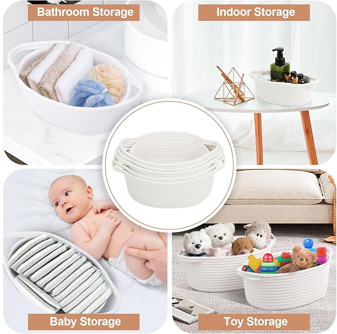 Small Woven Basket with Handles, 5 Pack Cotton Rope Room Shelf Storage Basket for Organizing Small Round Basket Baby Nursery Bins, White (Off White)