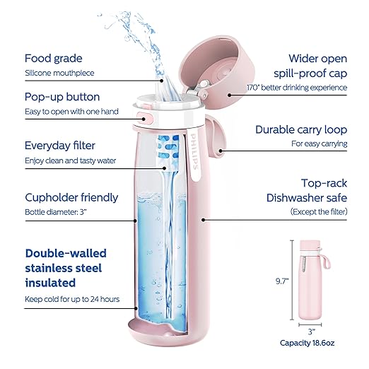PHILIPS Filtered Water Bottle, Insulated Stainless Steel Water Purifier Bottle for Daily Life & Travel, BPA Free with GoZero Everyday Filter for Cleaner Tastier Tap Water, Keeps Cold, 18.6 oz Pink