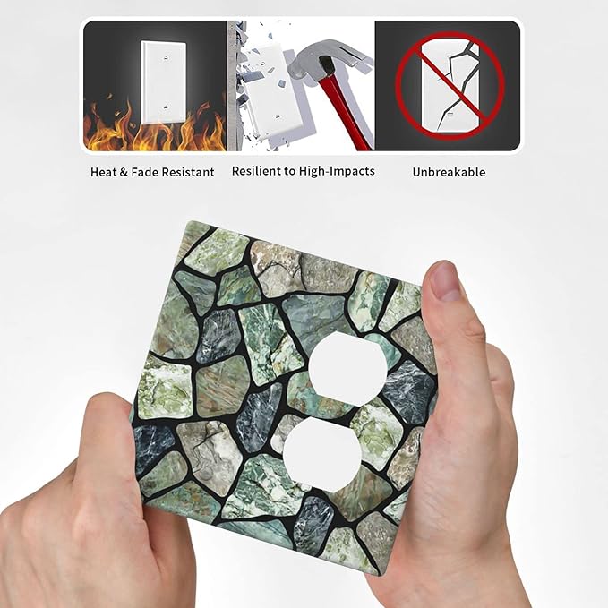 Green Stone Texture Combo Single Blank 1 Duplex Outlet Switch Wall Plate Cover Decorative 2-Gang for Electrical Room Bathroom Bedroom Home Kitchen One Receptacle 4.5" x 4.6"