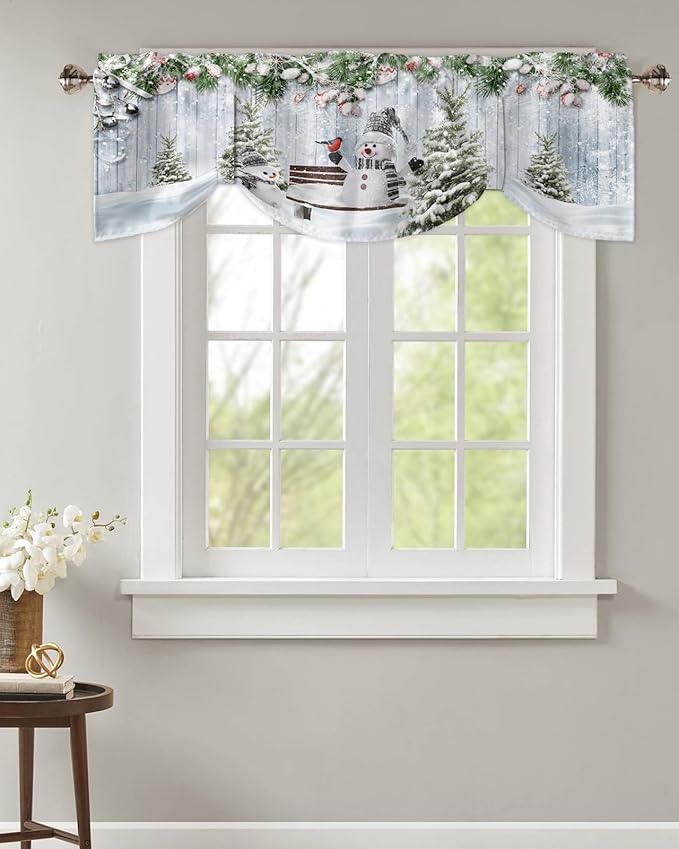 Merry Christmas Blackout Tie Up Valance Curtains for Kitchen Windows Xmas Snowman Snowy Pine Tree Window Toppers Balloon Shades for Living Room/Bathroom/Bedroom,1 Panel, 54" X 18", Blue Winter