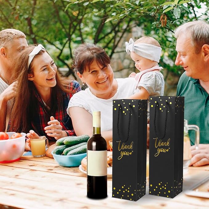 Ssyuysto Wine Gift Bag with Gold Foil Wine Bags with Rope Handles, (3.7 x 13.7 x 3.5 in) - Elegant Black Wine Bags for Wine Bottles and Gifts