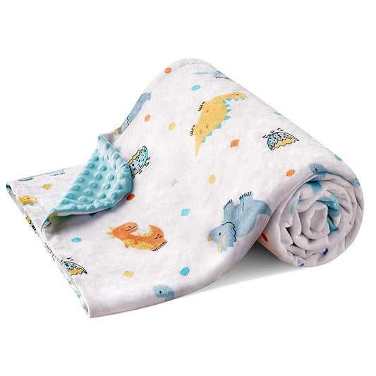 DaysU Silky Micro Soft Plush Baby Blankets for Boys with Print Animal Pattern and Soothing Raised Dots, Double Layer Bed Throws for Baby Crib, Dinosaur, Aqua Blue, 30x40 Inches
