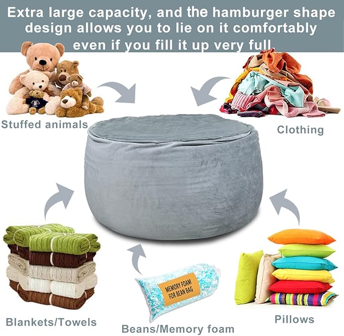 Bean Bag Chair Cover, Stuffed Animal Storage, Plush Toys Organizer Holder, Beanbag Chairs Cover for Kids Teans and Adults Super Soft and Comfortable Fabric X-Large with Handle and Zipper -Round Grey