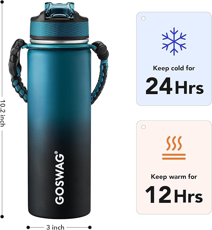 GOSWAG Insulated Sports Water Bottle, 24oz 2 Lids(with Straw/No Straw), Stainless Steel Water Bottles with Paracord Handle, Insulated Thermos with Double-Wall Vacuum Insulation