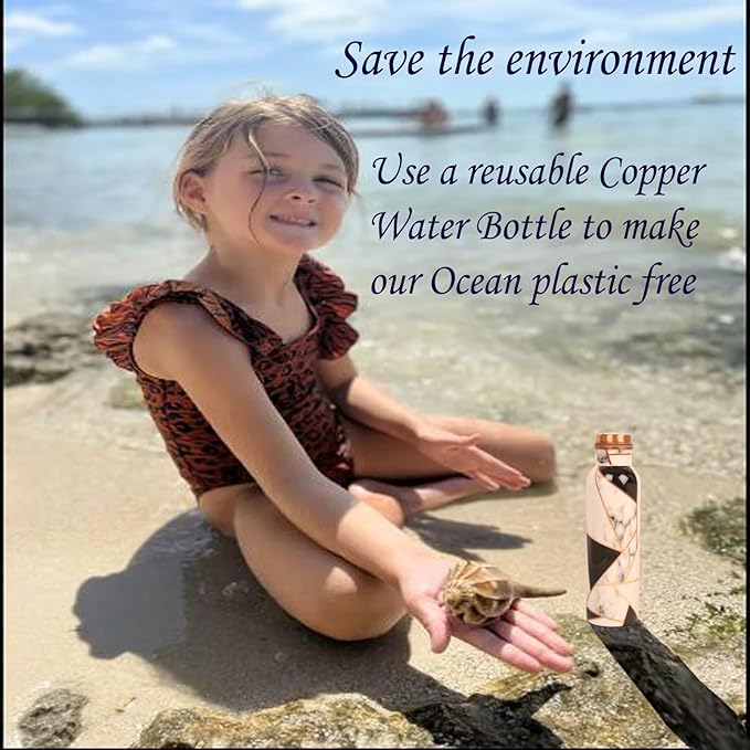 Pure Copper Water Bottle - Handcrafted - Ayurveda health benefits - Large 35 oz - Leak proof, Easy to carry for Sports, Fitness, Yoga, School- Royal Finish White Golden Black Mosaic Enamel