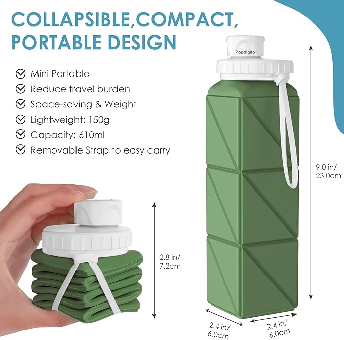 Collapsible Water Bottles 20.7oz Leakproof with Straw Lid Food-Grade BPA-Free Silicone Travel Foldable Water Bottles for Sports Office Gym Hiking Driving 610ML (Type1 Army Green)