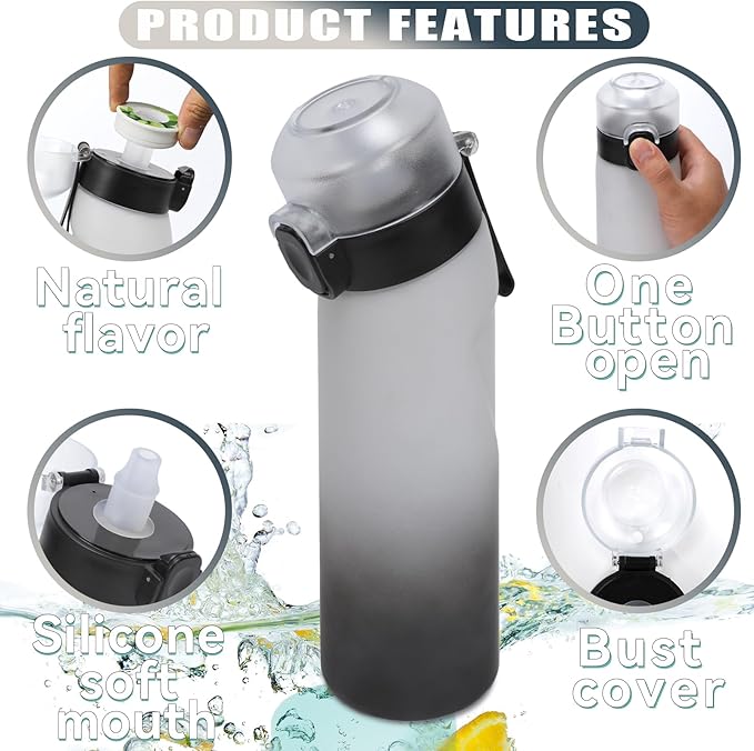 Water Bottle with Flavor Pods 21.9 Oz/650ml Fruit Fragrance Water Bottle Recyclable Sports Air Water Cup Scented Pods for Outdoor (White Black)
