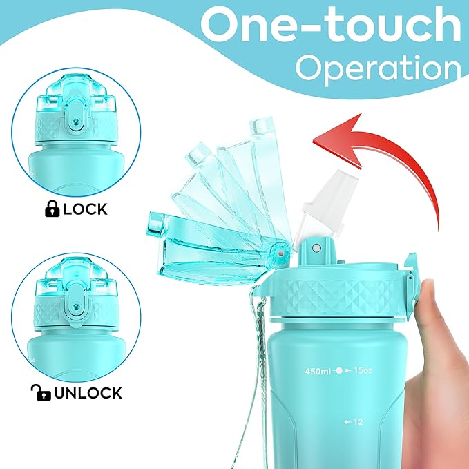 OLDLEY Kids Water Bottle for School with Straw Chug Lid, 15 oz Unbreakable Leak-Proof BPA-Free Motivational Water Bottles with Time Marker for Travel Sports Gym,Blue Grey