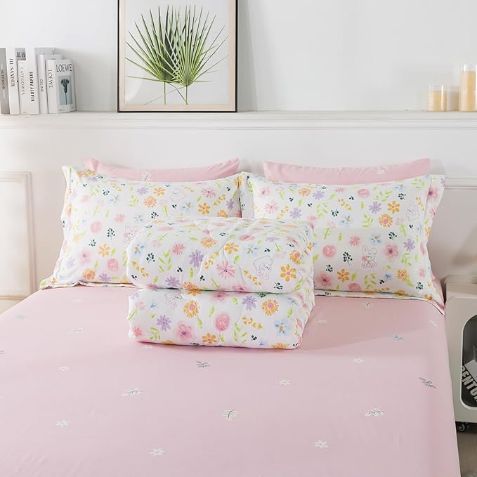 Wajade Floral Comforter Set Bed in A Bag Twin Size 7 Piece Pink Botanical Flower and Green Leaves Bedding Set for Girls (1 Comforter, 1 Flat Sheet, 1 Fitted Sheet, 2 Pillowcase and 2 Pillow Sham)