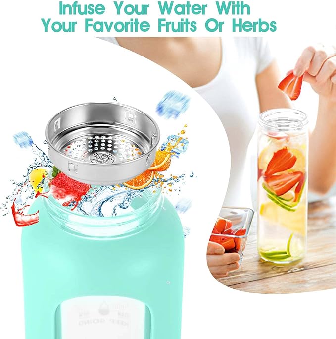 32 oz Glass Water Bottles with Straw - Motivational Glass Water Bottle with Time Marker & Silicone Sleeve - Reusable Glass Tumbler Includes 2 Bamboo Lids & Fruit Infuser - 1 Pack