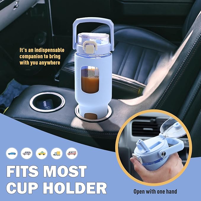 BLUEGO 32oz Glass Water Bottle with Handle and Straw|Leakproof Sports Glass Bottle with Time Marker and Silicone Sleeve|Glass Drinking Bottle for Travel, Gym, Workout, Blue