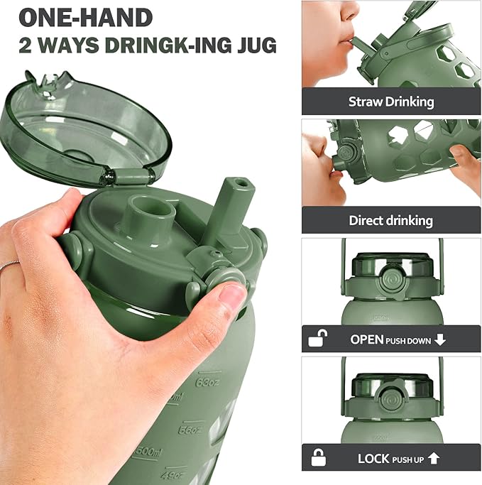 MUKOKO Half Gallon/64 oz Glass Water Bottles with Straw and Lid,Motivational Water Jug with Time Marker Reminder and Silicone Sleeve,100% Leakproof BPA Free Fitness Sports Large Bottle-Olive