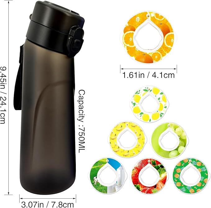 Air Water Bottle with 7 Flavor Pods, Flavored Water Bottle,750ML Large Capacity Drinking Bottle,Sports Water Cup with Straw Suitable for Gym and Outdoor Games(New Black)