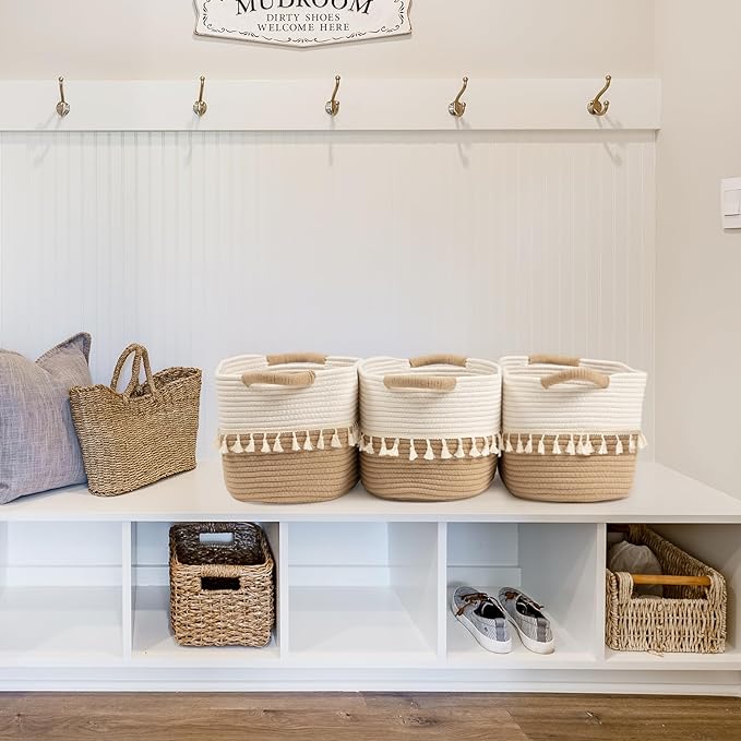 TeoKJ Woven Storage Bin Set of 3, Cotton Rope Basket for Storage, Clothes Boho Storage Basket Bin for Organizing and Storage, Fabric Storage Basket for Books, Plants, Pet Treats, White & Jute