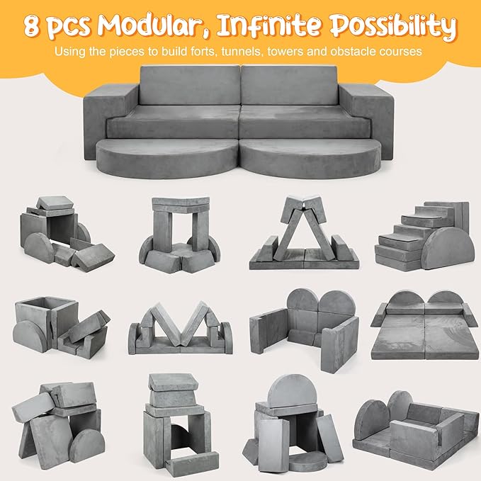 MMBABY 10 pcs Modular Kids Play Couch, Child Sectional Sofa, Fortplay Bedroom and Playroom Furniture for Toddlers, Convertible Foam and Floor Cushion for Boys and Girls