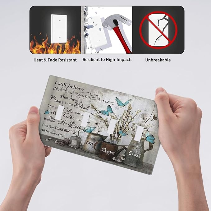 Blue Butterfly Rustic Flower Inspirational Quotes Quad Toggle Light Switch Covers 4 Gang Wall Plate Decorative Switchplate Electrical Faceplate for Farmhouse Country Bedroom Kitchen Decor