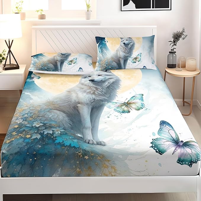 AILONEN Wolf Fitted Sheet Set Full Size, Blue Tie Dye Wolf Bed Sheet Set Decor,3 Pieces Moon Wolf Sheet Set,Modern Watercolor Wolf and Butterfly Fitted Sheet with 2 Pillowcases