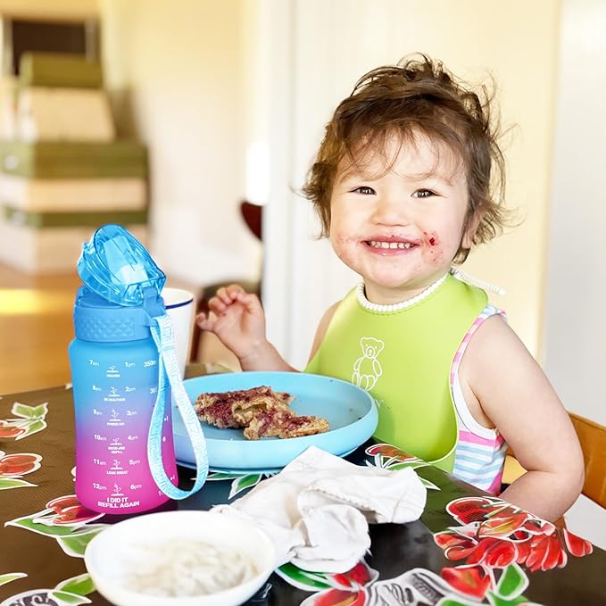 OLDLEY Kids Water Bottle for School, 12 oz (2 lids) BPA-Free Reusable Leak-proof Durable Tritan Plastic Water Bottles with Straw & Chug Lids, Anti-dust Spout Cover (Lake)