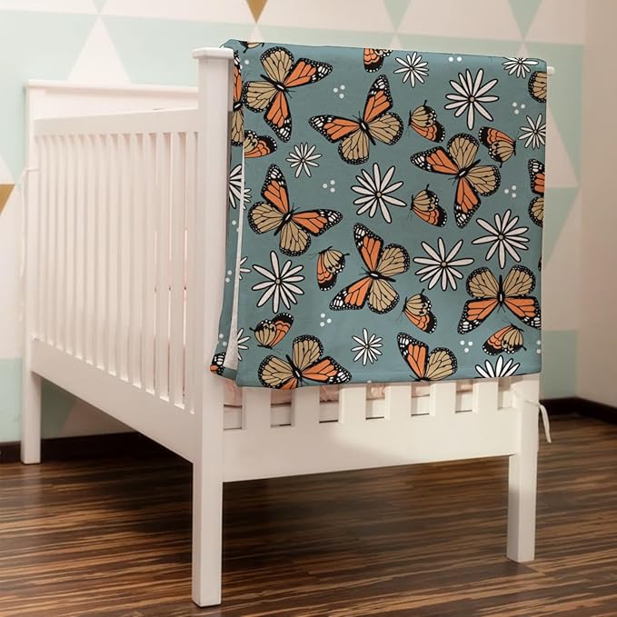 Butterfly Daisy Flower Baby Blanket for Girls Gift, Blue Yellow Floral Flannel Fleece Nursery Bed Receiving Blankets, Soft Warm Lightweight Newborn Infant Toddler Kids Crib Bedding 30 x 40