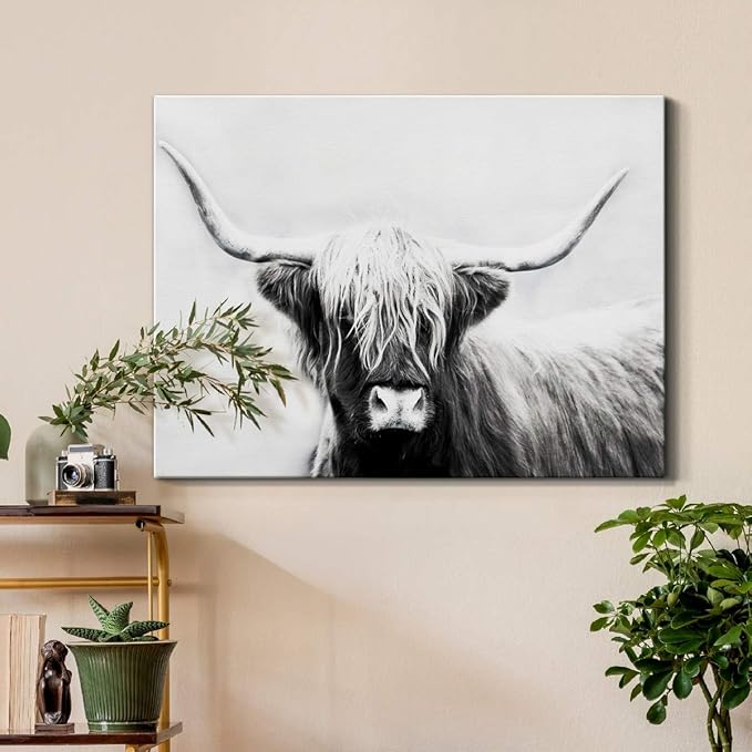 Renditions Gallery Canvas Animal Wall Art Home Paintings & Prints Highland Longhorn Cow Modern Black & White Glam Horror Artwork Decorations for Bedroom Office Kitchen - 24"x36" LT33