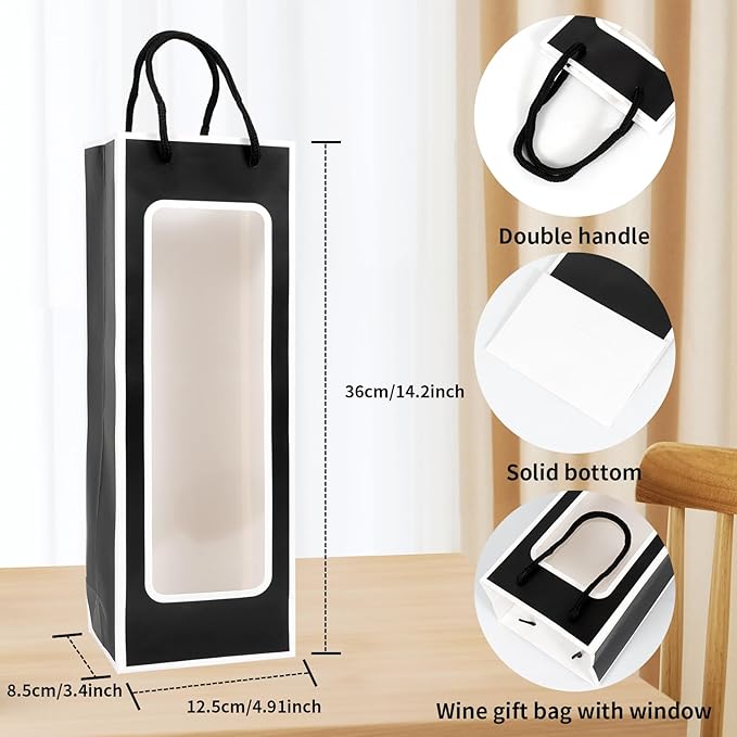 Cyblinia 20 Pack Wine Gift Bags Kraft Paper Wine Bags with Window Wine Bottle Bags 14.2 x 4.9 x 3.4 Inch Paper Gift Bags Party Bags for Wine Bottles,Gifts, Wedding Party
