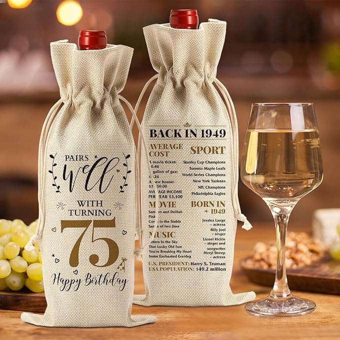 75th Birthday Gifts for Women Men Funny Wine Bag 75th Birthday Decorations Party Favors Happy Anniversary 75 Year Old Gifts for Wife Woman Man Her Granny Mom Grandma Friend Wine Gift Bag