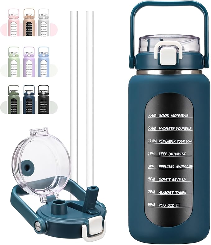 BLUEGO 64oz Insulated Water Bottle with Straw and Handle Leakproof Half Gallon Wide Mouth Motivational Water Bottle, 2-IN-1 Straw Spout Lid Stainless Steel Water Jug for Sport Travel Gym-Dark Blue