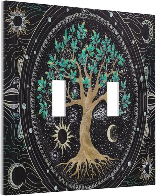 Tree of Life Blackground Double Toggle Light Switch Cover Decorative Hippie Sun Moon Star 2 Gang Wall Plate Electrical Faceplate Switchplate Art Panel for Bathroom Bedroom Living Room Decor