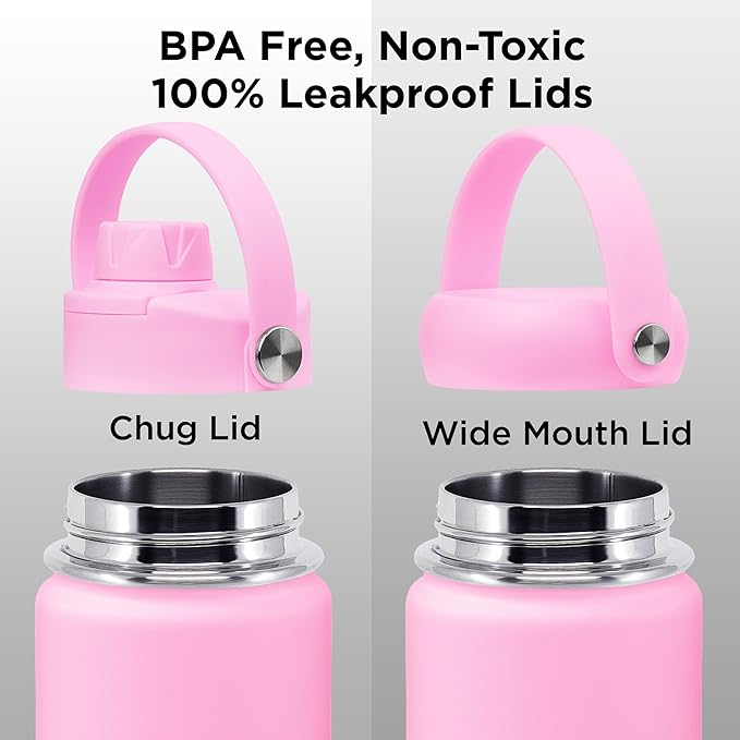 ThermoProof Hot & Cold Insulated Stainless Steel Water Bottle, Durable Leak Proof Gym Bottles for Men, Women & Kids, Double Walled Vacuum Bottles - 2 Lids (Pink, 22oz)