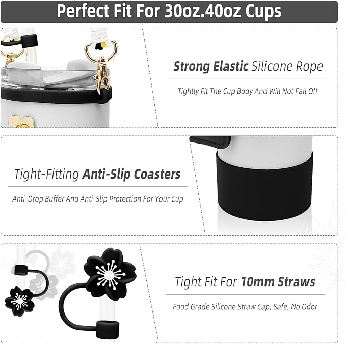Stanley Cup Accessories Set Including 1 Pcs Water Bottle Handle Strap, 1 Pcs Siliocne Straw Cover, 1 Pcs Siliocne Stanley Cup Boot, 3 Pcs Stanley Charms for Stanley Cup 40oz & 30oz Tumbler - Black