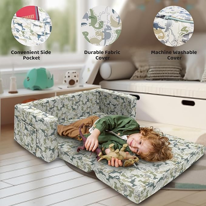 Kids Sofa, Children's Extra Wide Convertible Sofa to Lounger - Extra Soft 2 Seats 2 in 1 Flip Open Chair & Sleeper, Cute Dinosaur Print Toddler Chair Kids Couch for Kids Girls Boys
