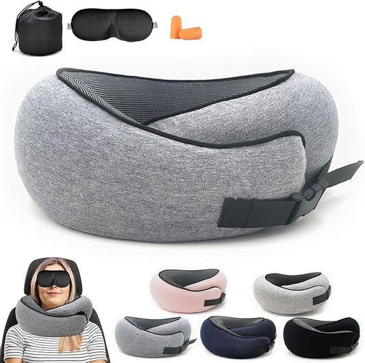 2024 Memory Foam Neck Pillow 360 Degree Neck Support Travel Pillows for Airplanes and Long Flight Travel Neck Pillow (Dark Grey-with Strap)