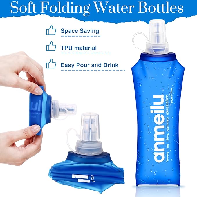 6 Pack TPU Soft Folding Water Bottles Sports Collapsible Flask Water Bottle Pocket Folding Handheld Soft Water Bottle for Hydration Pack for Hiking Running Cycling Climbing(500ml/16.9oz)