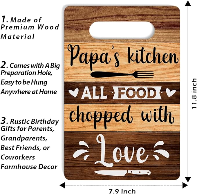 Farmhouse Kitchen Decor, Kitchen Signs Wall Decor, Papa's Kitchen All Food Chopped With Love Wood Sign, Papa Gifts, Fathers Day Thank You Gifts for Papa 8 x 12 Inch