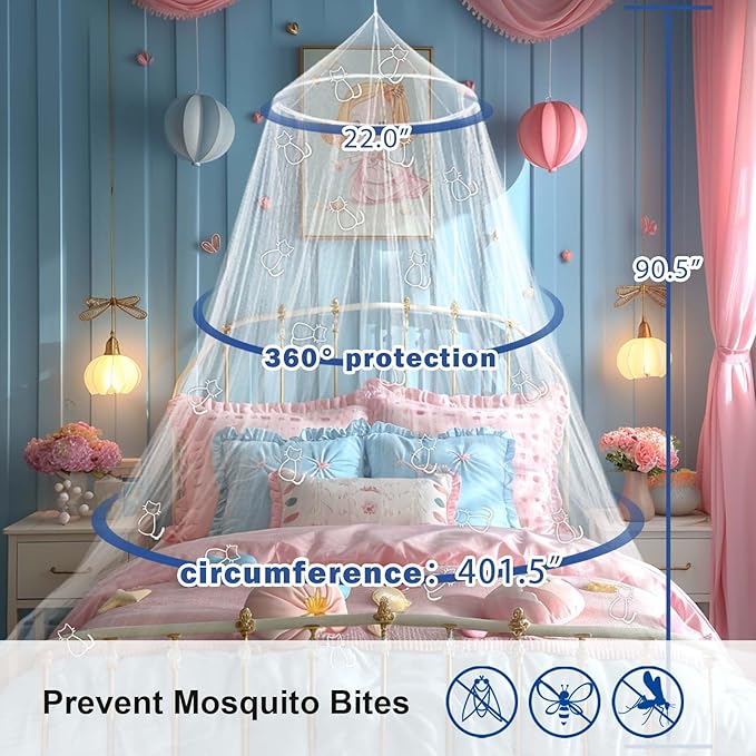 Daksha White Princess Bed Canopy for Girls with Glowing Cats, White Room Decor, Ceiling Tent for Kids, Fits Twin, Full and Queen Size Beds