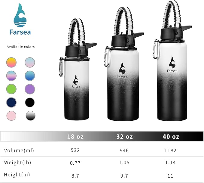 Farsea Insulated Water Bottle with Straw Lid & Spout Lid & Paracord Handle, Stainless Steel Water Bottle Wide Mouth, Double Wall Sweat-Proof BPA-Free, 40 oz, Gradient White + Black