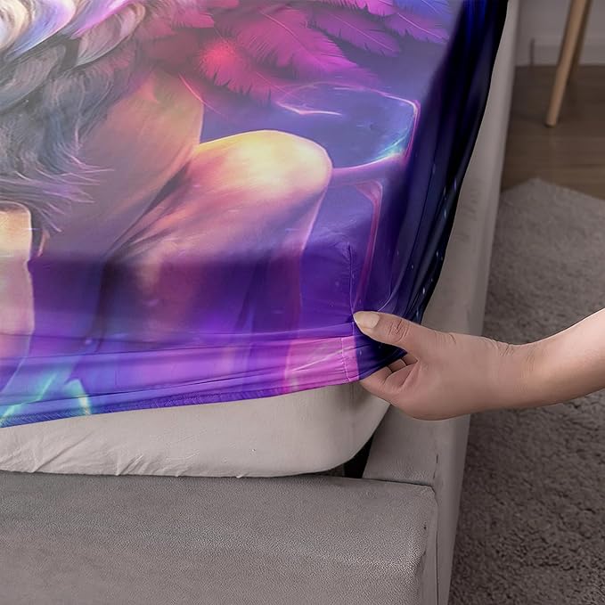 AILONEN Lion Fitted Sheet Set Twin XL Size, 3 Pieces Printed Evening Starry Wings Lion Bed Sheet Set,Colorful Tie Dye Rainbow Fitted Sheet with 2 Pillowcases