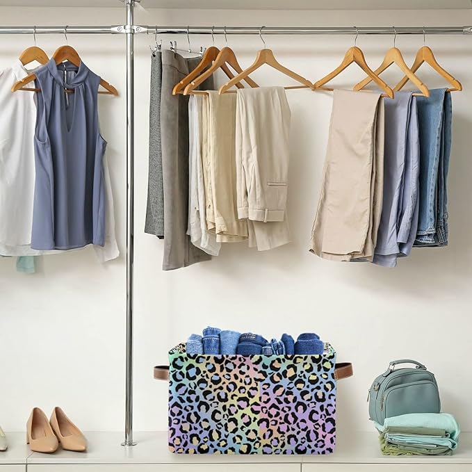 Leopard Storage Basket Fabric Storage Bin Decorative Baskets, Yellow Purple Green Foldable Storage Boxes Organizer Bag for Baby Cloth Dog Toy Book Storage Cubes Shelf Closet Basket 16×12×8 Inches