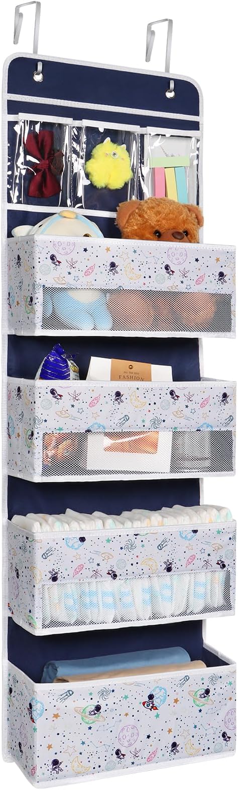 Univivi Over Door Organizer 5-Shelf Nursery Door Hanging Storage Closet with 4 Large Pockets and 3 Small PVC Pockets Over Door Organizer for Baby Essential, Toys and Sundries