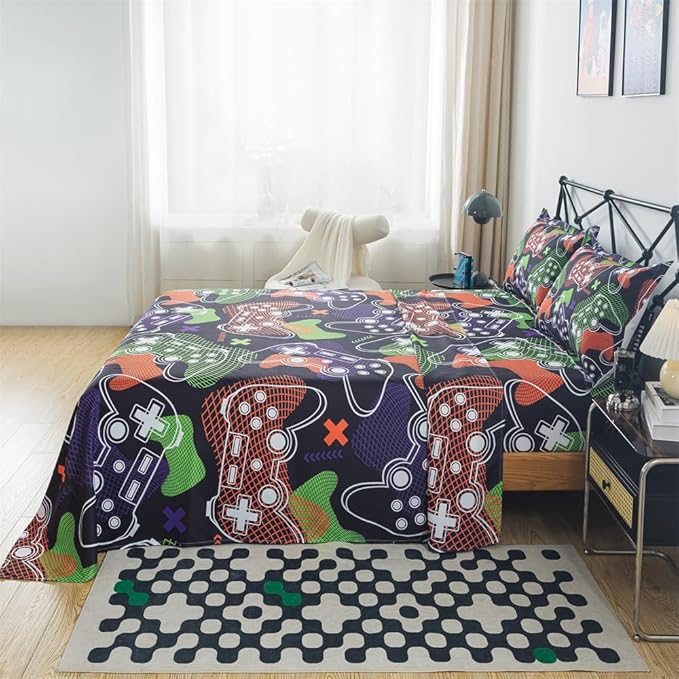 qjmiaofang Gamer Sheets Twin for Boys Gamer Sheet Set Video Game Bed Sheet Set 3Pieces Gaming Sheets Twin Gamer Fitted Sheet Gaming Bedding Set 1 Fitted Sheet 1 Flat Sheet 1 Pillowcase
