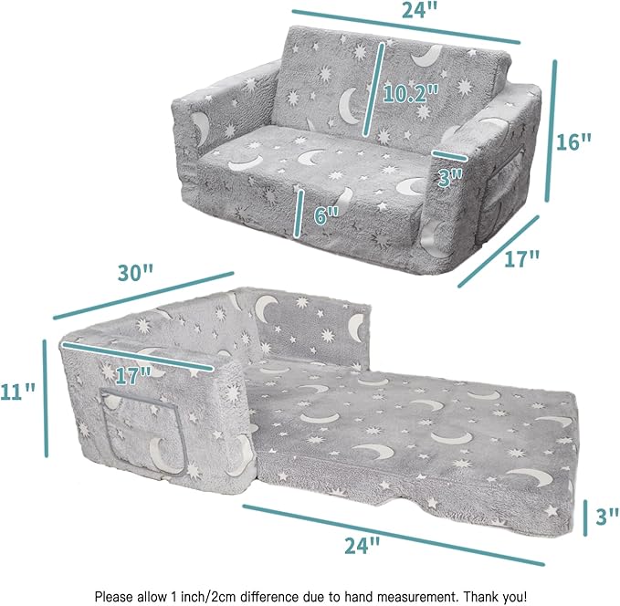 Glow in The Dark Chairs Children's Extra Wide Convertible Sofa to Lounger - Extra Soft 2 Seats 2 in 1 Flip Open Sleeper Couch for Toddler Kids Girls Boys