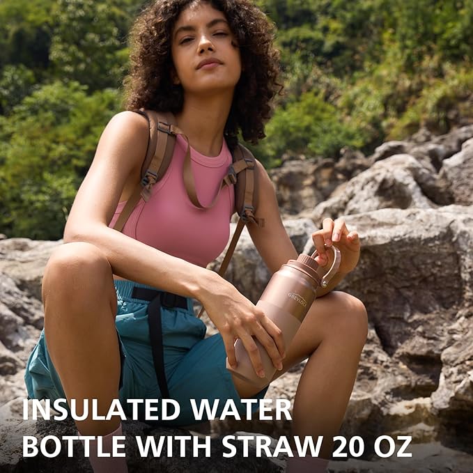 Greylock 20 oz Insulated Stainless Steel Water Bottle with Straw Lid- BPA-Free Leak Proof When Closed, Reusable Metal Water Bottle with Carry Handle for Travel Camping, 24 Hours Cold (Sunsetbronze)
