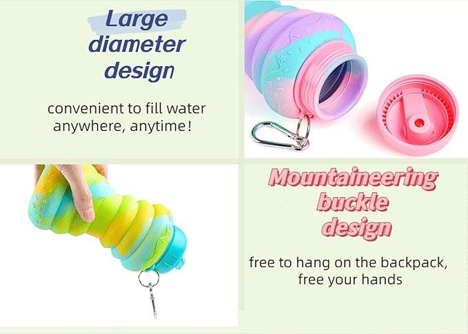 Collapsible Water Bottles，Foldable Sport Cups，Leak Proof Reusable Bpa Free Water Bottles，21oz Mixed Colors Design，for Outdoor, Travel Gym Hiking Purple