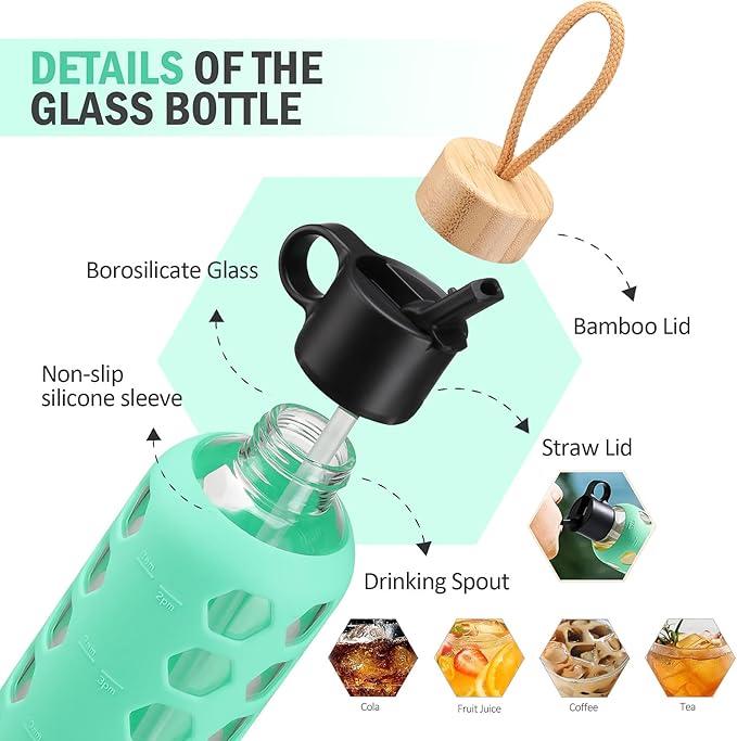 MUKOKO Glass Water Bottles, 24oz Glass Tumbler, Drinking Bottles with 2 Lids-Handle Flip Straw Lid&Bamboo Lid, Motivational Water Bottle with Time Marker and Silicone Sleeve, Leakproof-1 Pack-Green