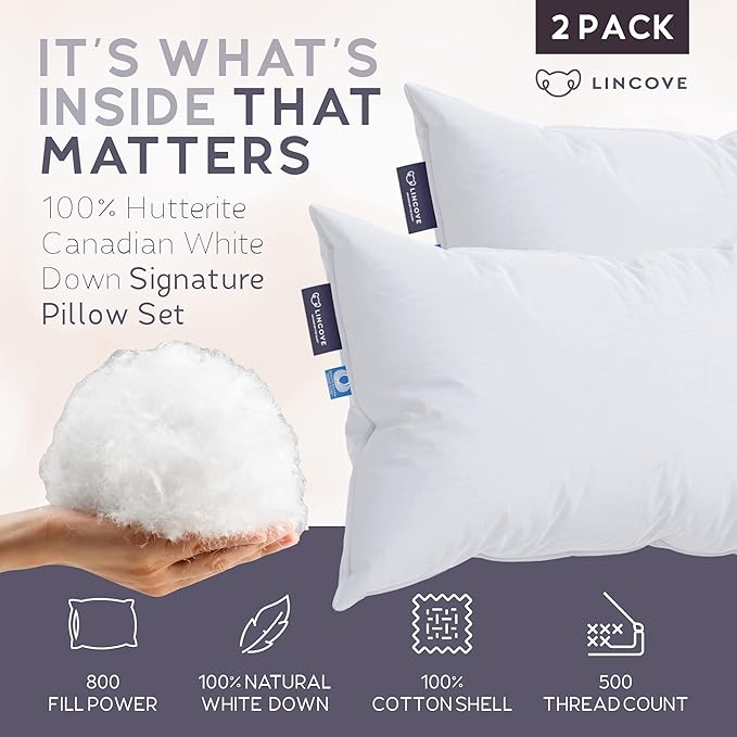 Lincove Signature 100% Canadian White Down Pillow - Luxury Sleeping Pillow for Back, Stomach & Side Sleepers - 800 Fill Power Bed Pillow, 500 Thread Count, Made in Canada, Standard - Soft, 2 Pack